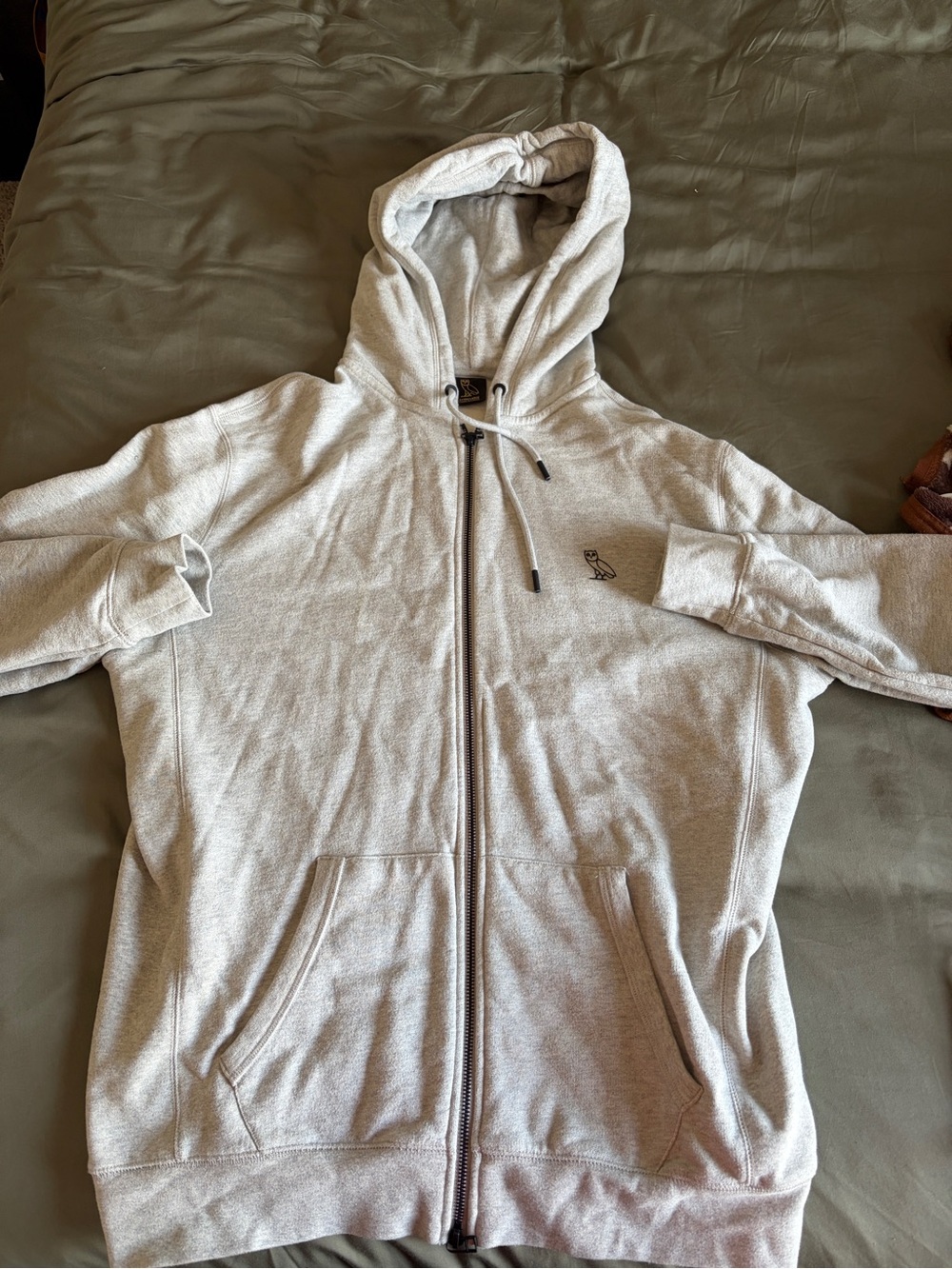 OVO Light Gray Full-Zip Hoodie with Owl Patch